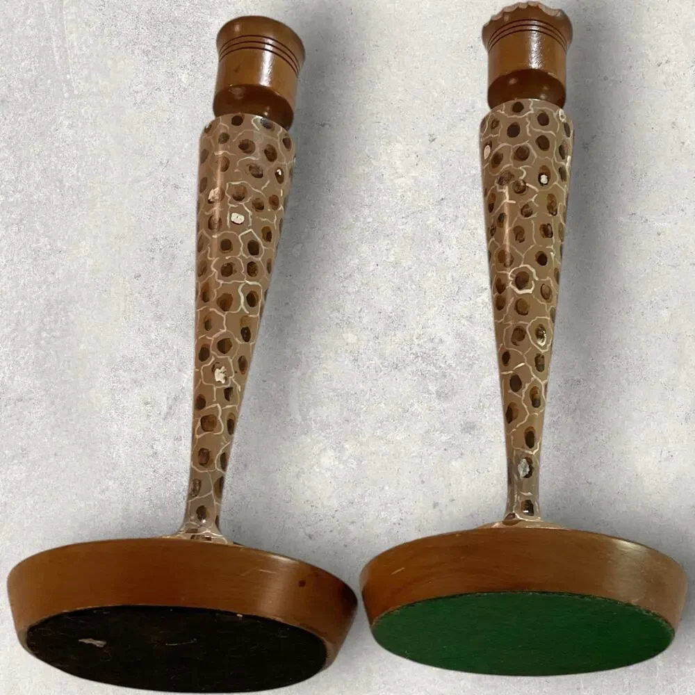 Pair Tall Brown Mosaic Pebble Candlestick Holders Boho Rustic Decor